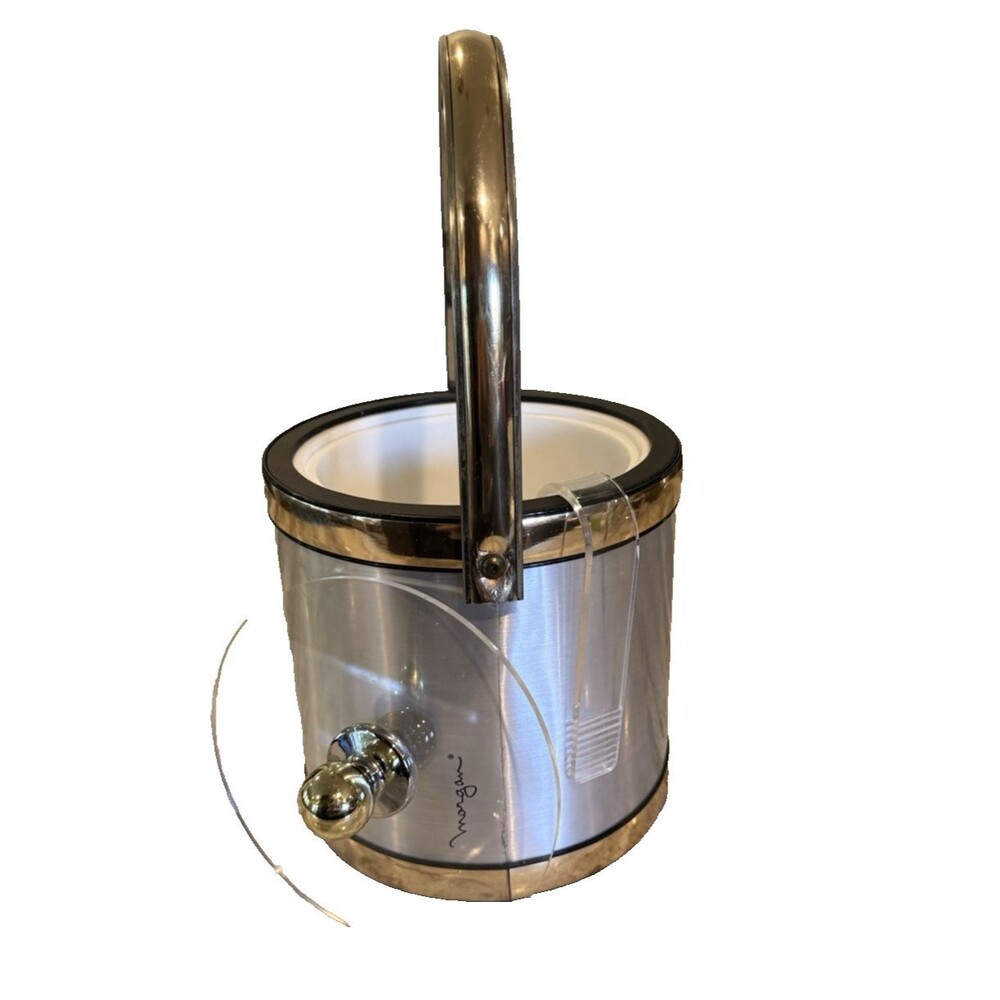 Morgan Ice Bucket MCM Barware MCM 8" x 8" Gold Silver Tongs Top w/ Knob Vintage